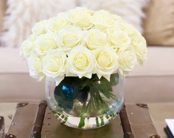 Real Touch Flower Arrangement-Real Touch Roses Arrangement-White Flower Arrangement-Rose Centerpiece-Faux Floral Arrangement