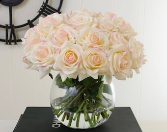 Large Rose Centerpiece, Silk Rose Dining Table Arrangement, Real Touch Ivory Pink Rose Flower Arrangement, Rose Faux Arrangement