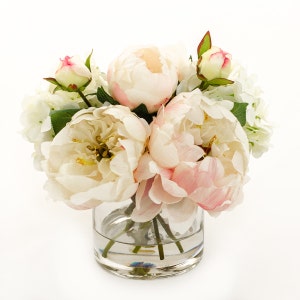 Large Peony Arrangement, Light Pink Silk Peonies Arrangement, Hydrangeas Artificial Faux Arrangement, Cylinder Glass Vase, Silk Centerpiece image 1