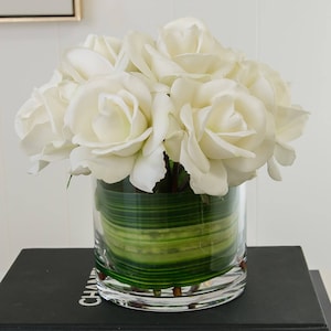 Medium White Real Touch Rose Arrangement with Cylinder Glass Vase Artificial Flowers Faux Arrangement for Home Decor Silk Centerpiece