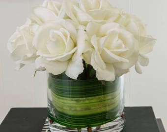 White Real Touch Rose Arrangement: Faux Floral Centerpiece