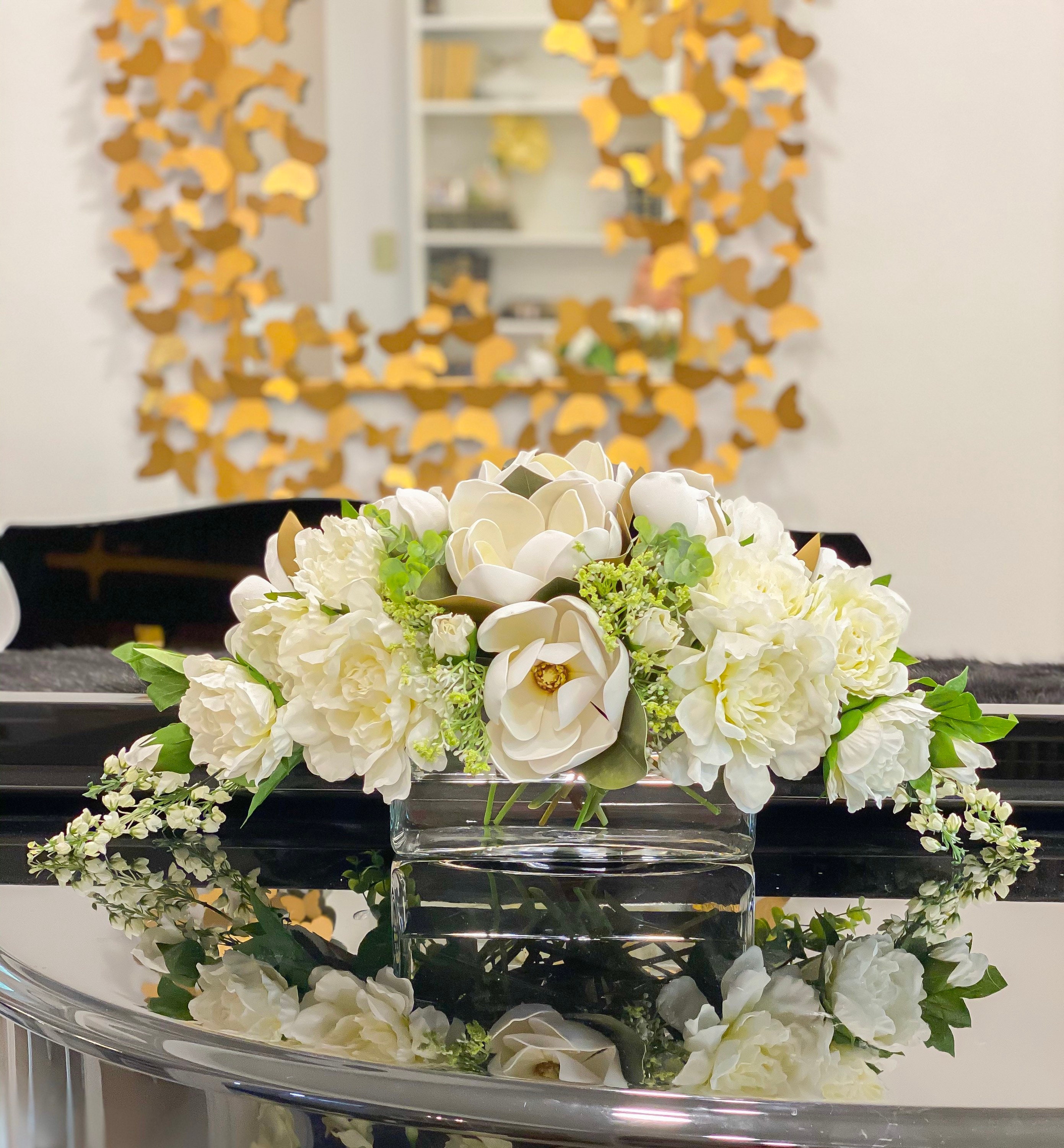 Large Real Touch Silk Magnolia Floral Arrangement long Table