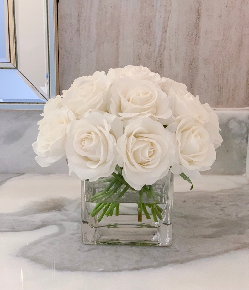 White Real Touch Rose Arrangementsilk Flower Arrangementrose Etsy