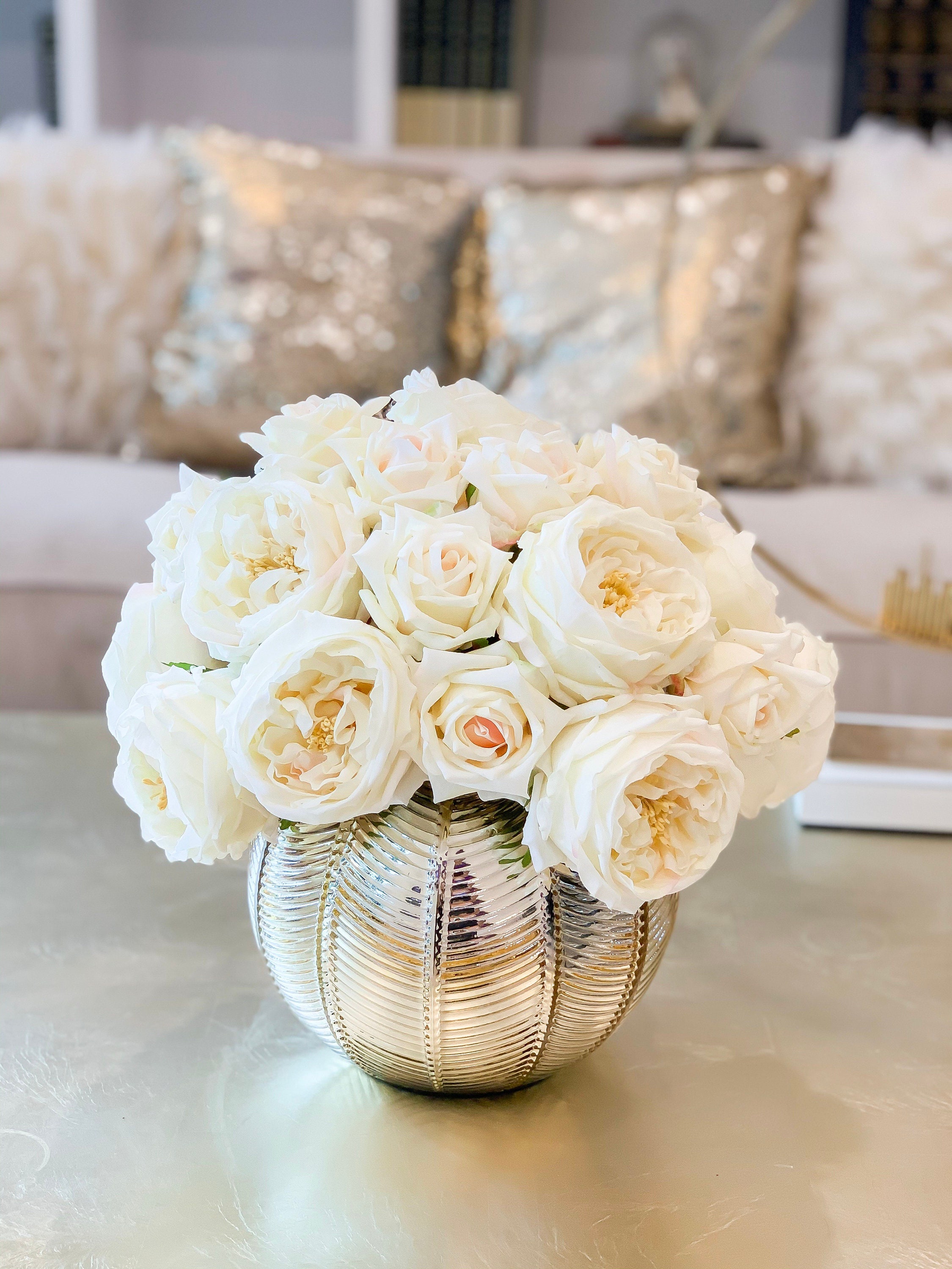 Real Touch Ivory Rose Centerpiece: Gold Vase Floral Arrangement - Etsy