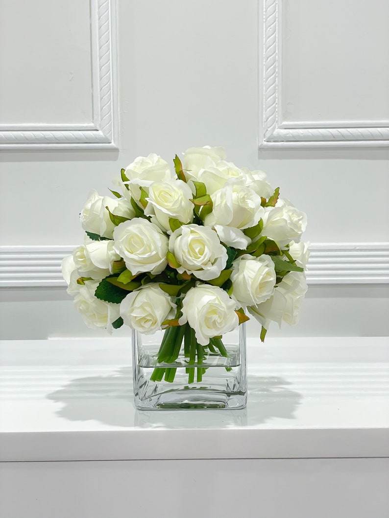 White Roses Arrangement in Square Glass Vase Artificial Faux Etsy