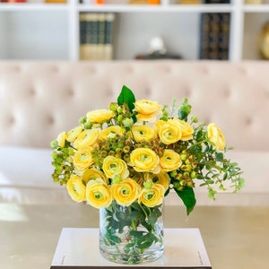 Yellow Artificial Ranunculus Arrangement, Ranunculus Centerpiece, Yellow Artificial Flower Arrangement, Summer Arrangement