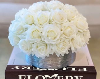 Real Touch Rose Arrangement in Silver Cylinder Vase, Artificial Flowers Arrangement, Faux Rose Centerpiece Arrangement