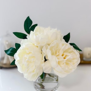 White Peony Arrangement-Artificial Faux Centerpiece-Real Touch Peony Arrangement-Silk Flowers in Glass Vase for Home Decor