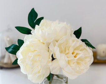 White Peony Arrangement-Artificial Faux Centerpiece-Real Touch Peony Arrangement-Silk Flowers in Glass Vase for Home Decor