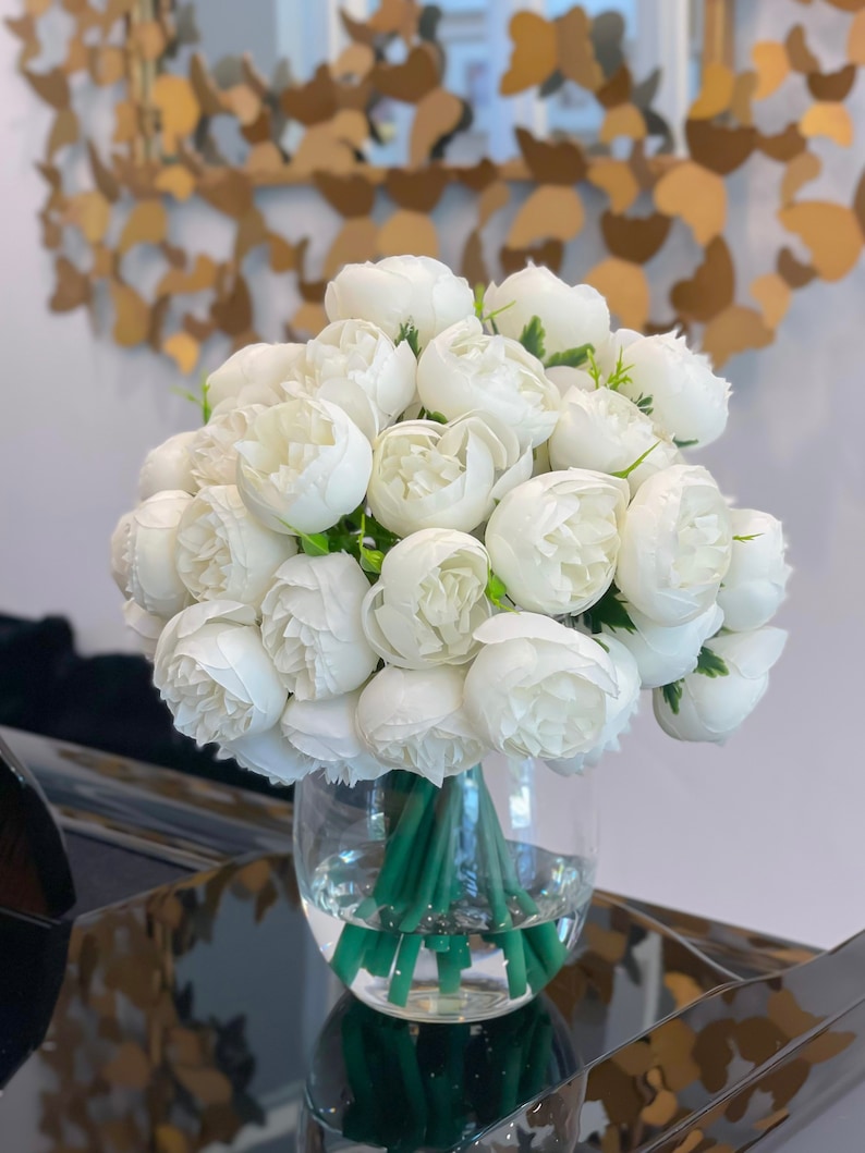 White Peony Arrangement-54 Silk Small Peonies Arrangement-Artificial Faux Centerpiece-Silk Flowers Arrangement-Home Decor Modern Arrangement image 3