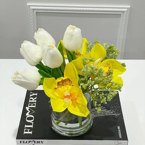 Real Touch Tulips with Orchids Arrangement in Small Vase, French Country Arrangement, Artificial Home Decor Flowers