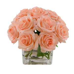 High Quality Silk Orange Roses Arrangement Artificial Roses Silk Arrangement Square Glass Vase for Home Decor