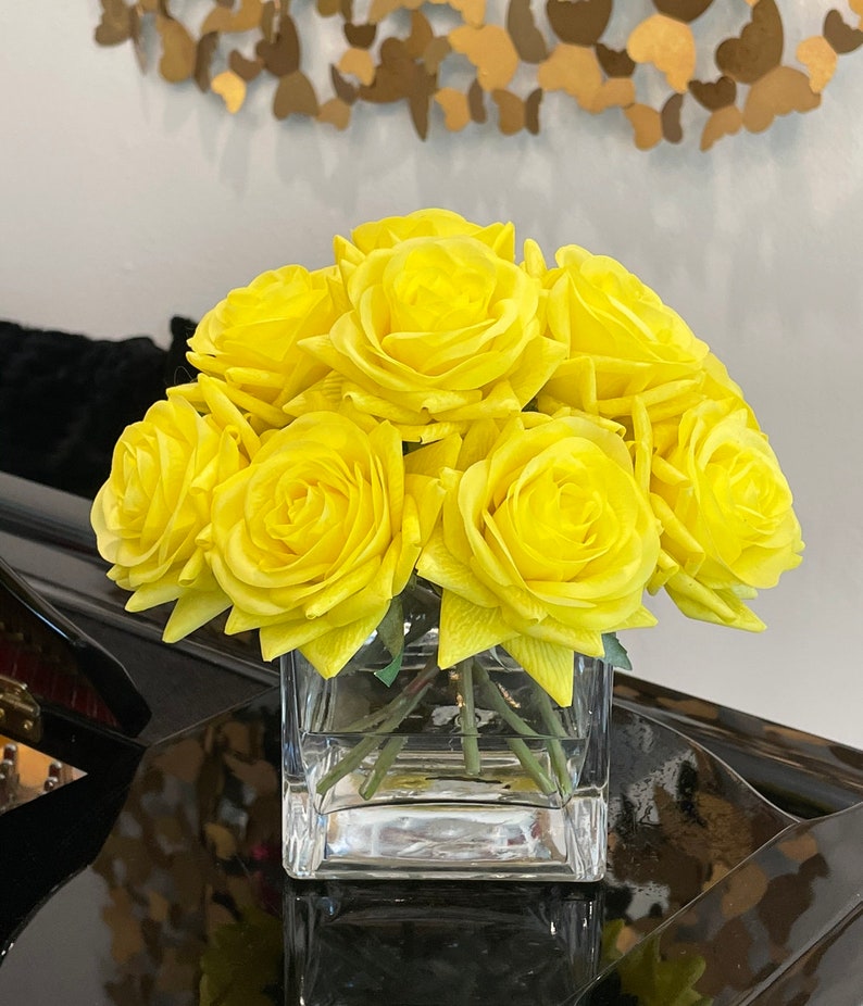 Bestseller-12 Real Touch Rose Arrangement-White Real Touch Flower Arrangement-Artificial Faux Silk Rose Centerpiece-Rose Floral Arrangement Yellow