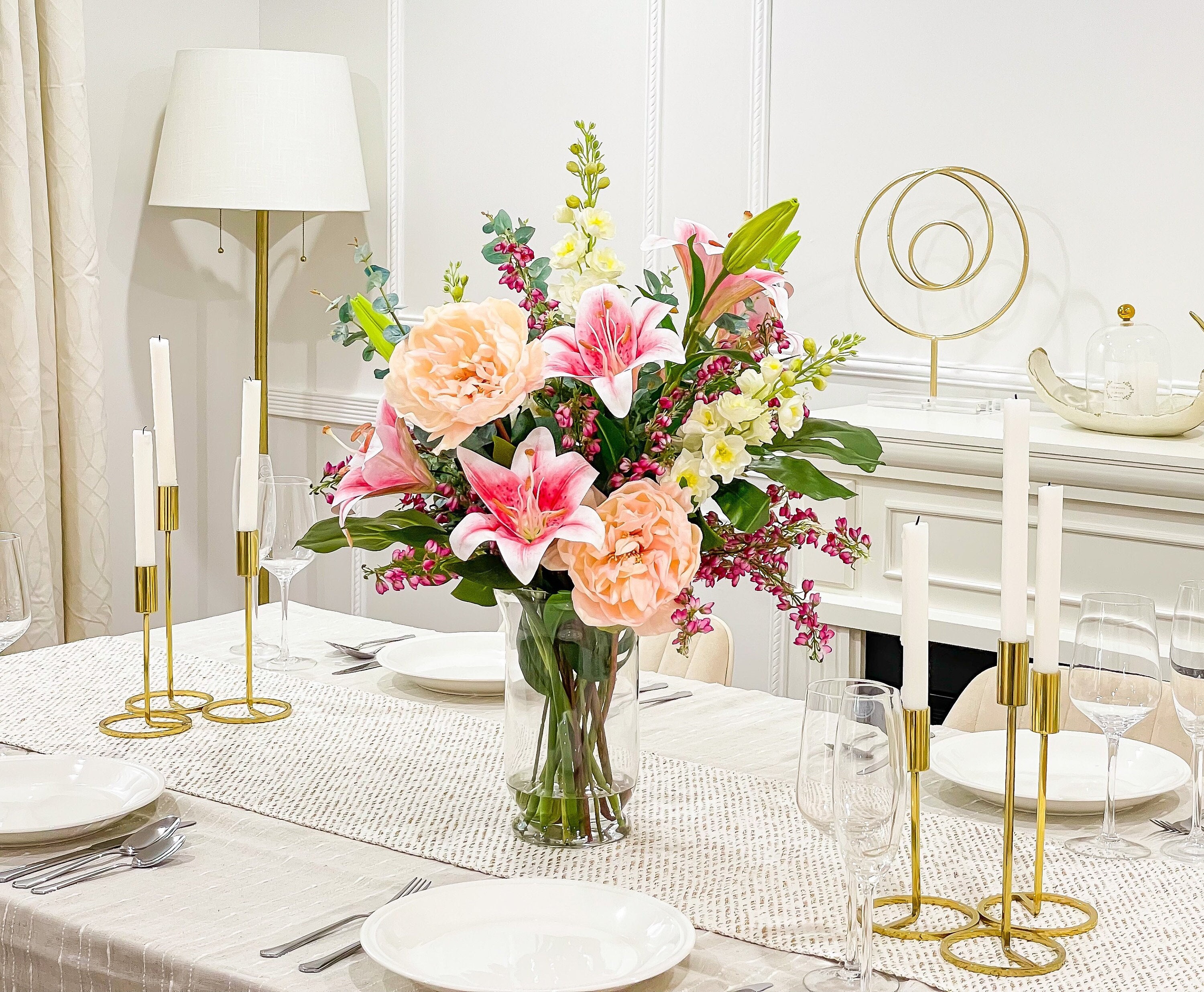 XLarge Pink French Flower CenterpieceReal Touch Floral Arrangement for DinnerFoyer Table French Centerpiece In Glass Vase