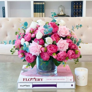 Large Peony Arrangement, Holiday Centerpiece in a Vase, Real Touch Pink Rose, Silk Peony Centerpiece, French Country Dining Table Home Decor