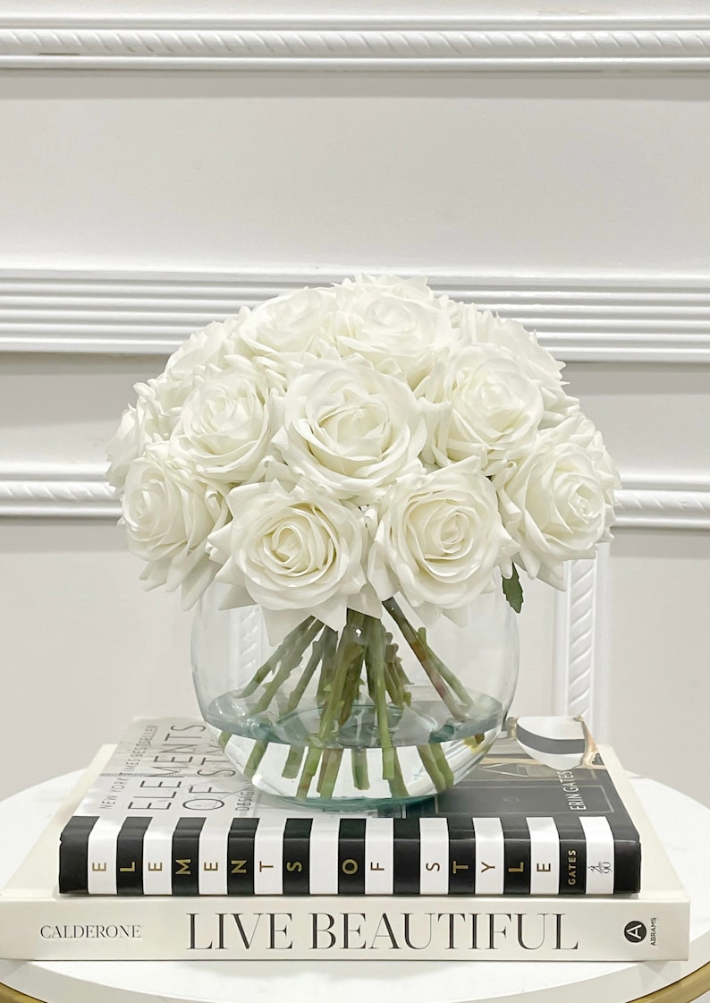 French Country Artificial Flowers Arrangement-Wedding Flower Arrangement-Real Touch White Roses Arrangement-White Rose Modern Centerpiece image 2