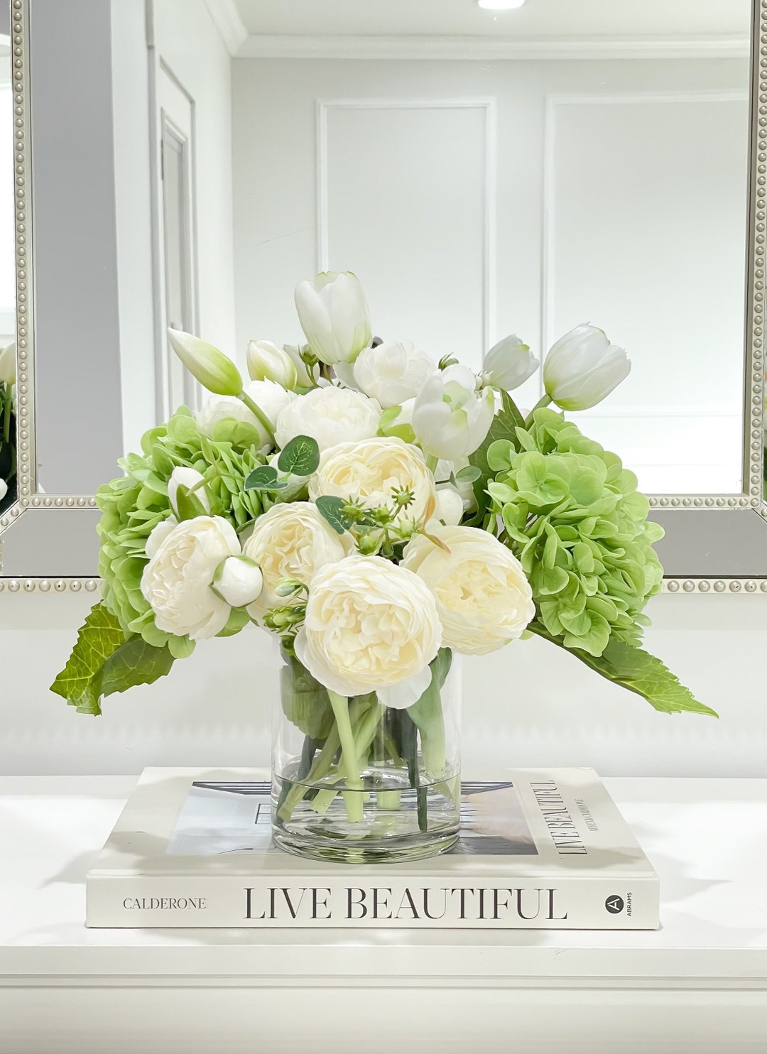 French Country Peony Arrangement in Vase, White Floral Arrangement, Real  Touch Green Hydrangea Centerpiece, White Tulip Peony for Home Decor 