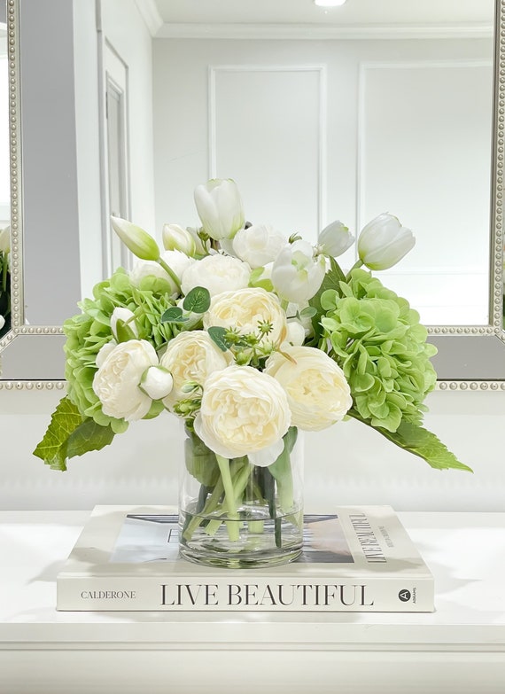 French Country Peony Arrangement in Vase, White Floral Arrangement, Real  Touch Green Hydrangea Centerpiece, White Tulip Peony for Home Decor - Etsy