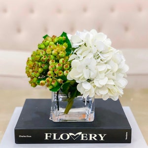White Hydrangea with Green berries Centerpiece, Modern Floral Home Decor Arrangement
