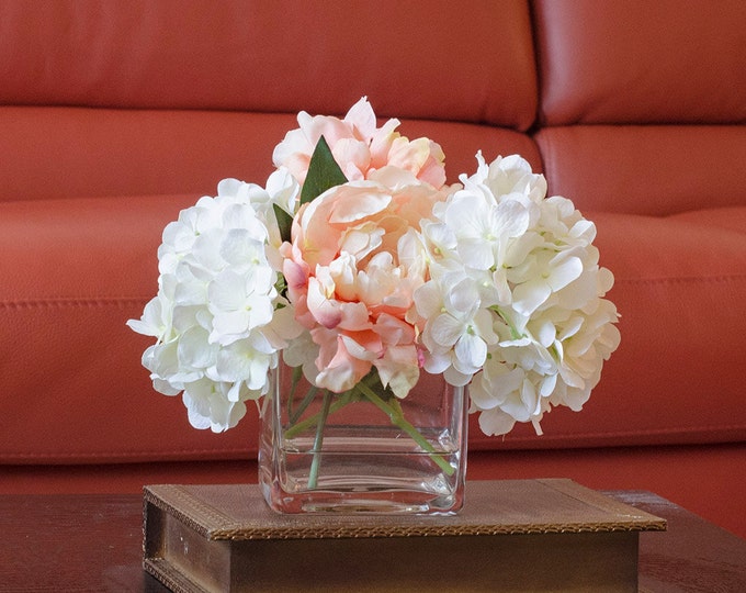 Hydrangea Peach Peony Arrangement Silk Flowers Artificial Faux Etsy