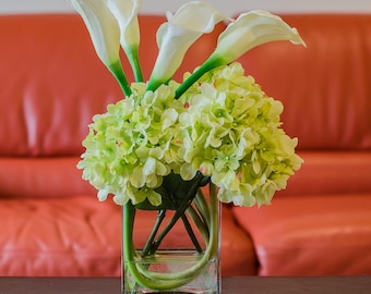 Silk Green Hydrangea & Calla Lily Arrangement in Glass Vase