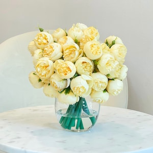 Yellow Peony Arrangement-Silk Peonies In Glass Vase-Peony Centerpiece-Artificial Faux Flower Arrangement-Home Decor Centerpiece With Classic Vase
