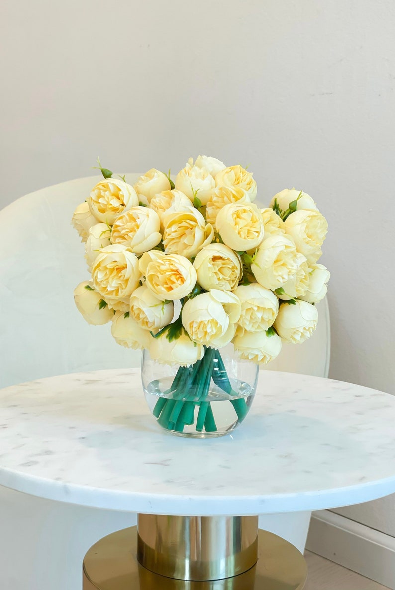 Yellow Peony Arrangement-Silk Peonies In Glass Vase-Peony Centerpiece-Artificial Faux Flower Arrangement-Home Decor Centerpiece With Classic Vase