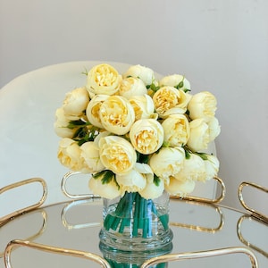Yellow Peony Arrangement-Silk Peonies In Glass Vase-Peony Centerpiece-Artificial Faux Flower Arrangement-Home Decor Centerpiece image 5