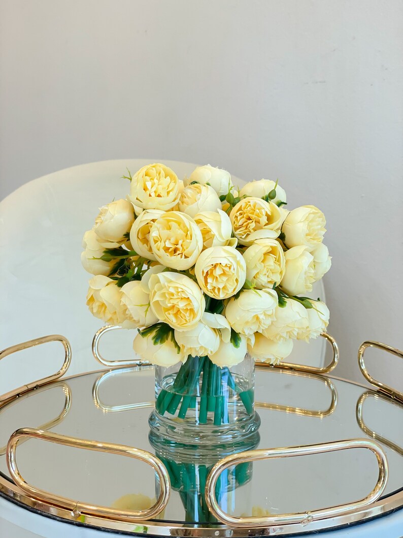 Yellow Peony Arrangement-Silk Peonies In Glass Vase-Peony Centerpiece-Artificial Faux Flower Arrangement-Home Decor Centerpiece image 5