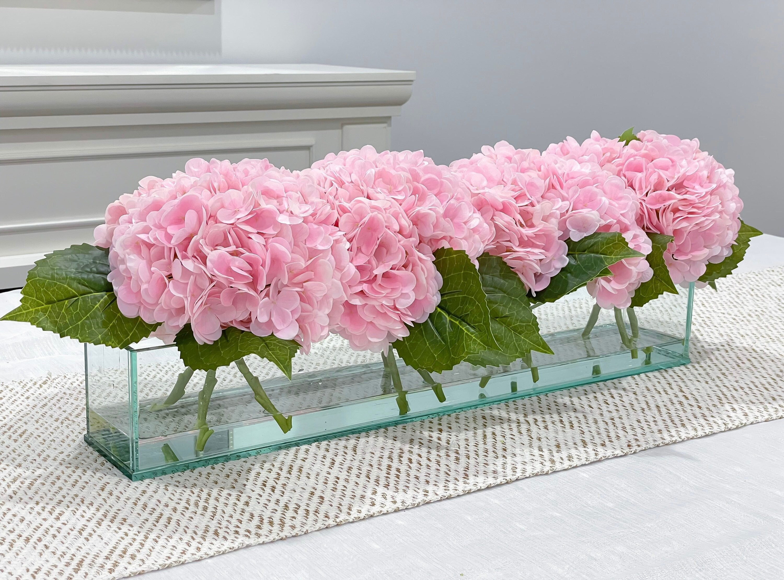 Pink Hydrangea Centerpiece in Glass Vase