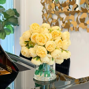 Yellow Peony Arrangement-Silk Peonies In Glass Vase-Peony Centerpiece-Artificial Faux Flower Arrangement-Home Decor Centerpiece image 4