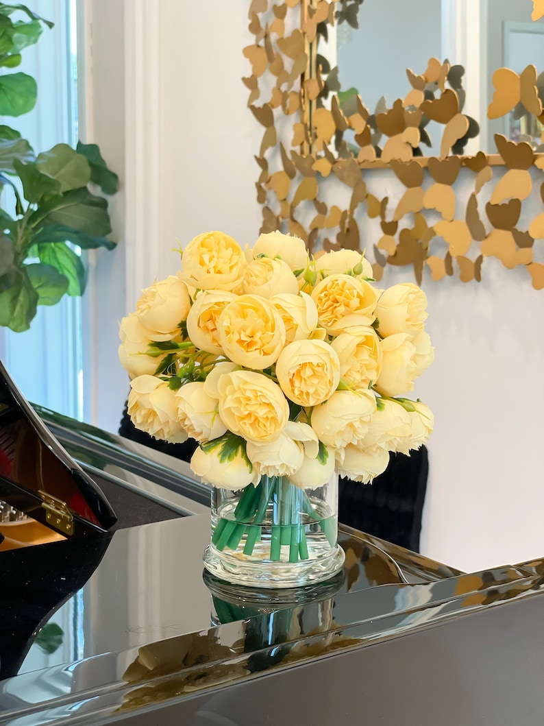 Yellow Peony Arrangement-Silk Peonies In Glass Vase-Peony Centerpiece-Artificial Faux Flower Arrangement-Home Decor Centerpiece image 4