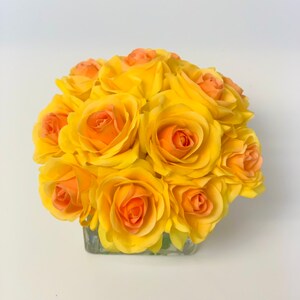 Real Touch Yellow Roses Arrangement Artificial Faux Silk Arrangement Rose Flowers Square Glass Vase for Home Decor image 2