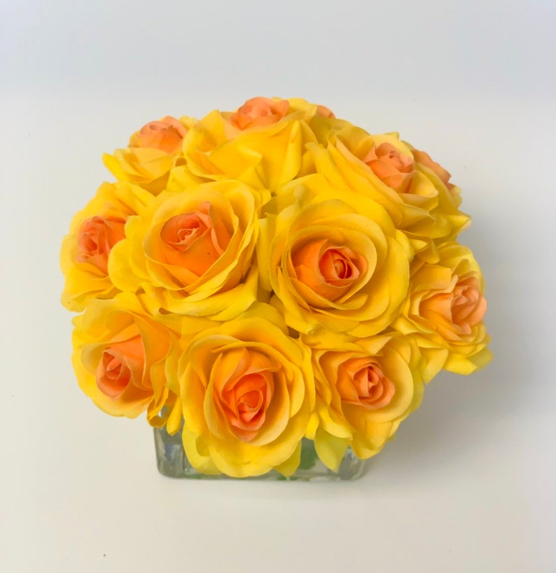 Real Touch Yellow Roses Arrangement Artificial Faux Silk Arrangement Rose Flowers Square Glass Vase for Home Decor image 2