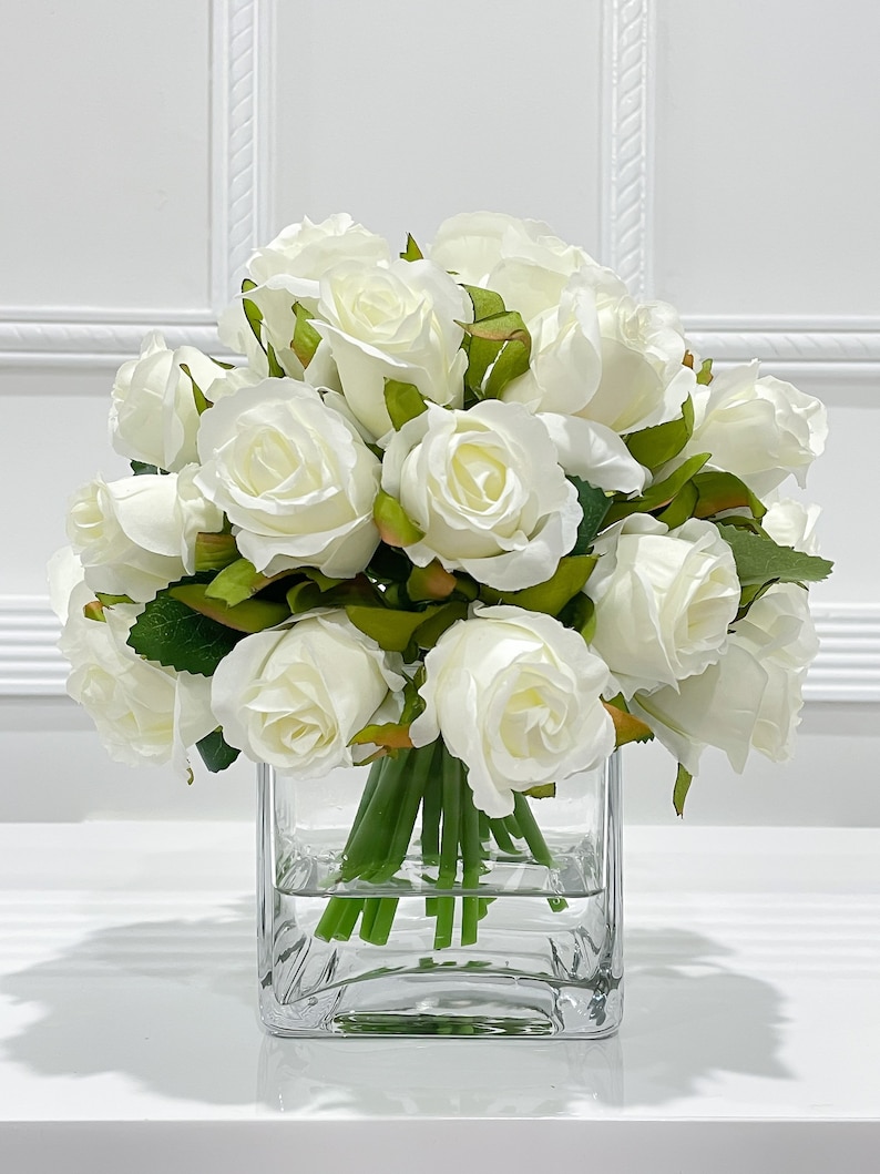 White Roses Arrangement in Square Glass Vase Artificial Faux Etsy