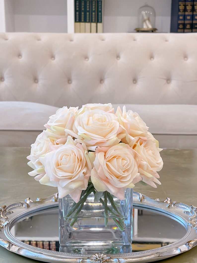 Bestseller-12 Real Touch Rose Arrangement-White Real Touch Flower Arrangement-Artificial Faux Silk Rose Centerpiece-Rose Floral Arrangement Champagne Rose