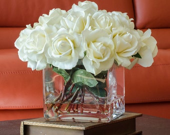 Large White Rose Real Touch Arrangement-White Rose Centerpiece-Artificial Rose Flower Arrangement-Faux Rose Flower Arrangement-Centerpiece