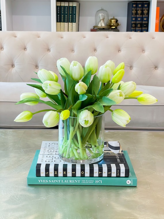 Faux tulip flower arrangement-Real touch Tulips-Tulip arrangement-White ombré green  tulip centerpiece