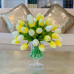 Centro de mesa de tacto real -Centro de mesa de flores de tacto real-Arreglo de tulipán de tacto real amarillo-Arreglo de tulipán falso-Tulipán de seda
