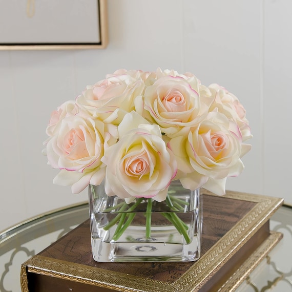 Real Touch Ivory Roses Pink Tipped Arrangement Artificial Faux Etsy
