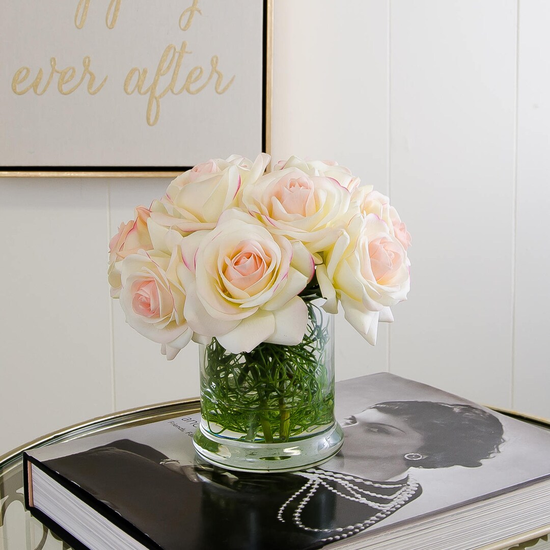 Faux Ivory Roses Arrangement: Pink Tipped Silk Flowers in Glass Vase - Etsy