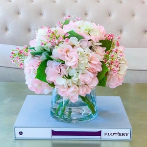 Grand Real Touch Rose / Vert Pastel / Français Hydrangea Arrangement Floral, Arrangement de Décoration Intérieure Florale Artificielle