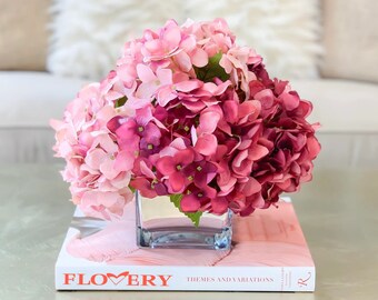 Real Touch Pink Hydrangea Arrangement: Faux Floral Centerpiece
