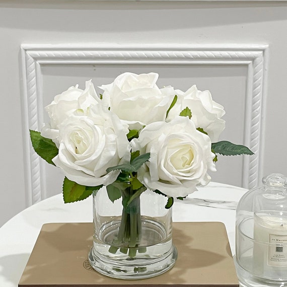 Large White Rose Real Touch Flower Arrangement In Glass Vase – Flovery