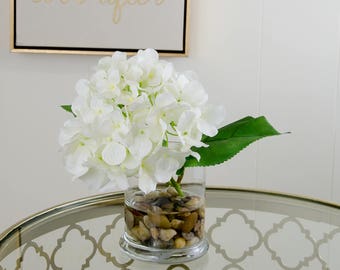 White Hydrangea Arrangement Silk Flowers Artificial Faux in Cylinder Glass Vase for Home Decor and Interior Design