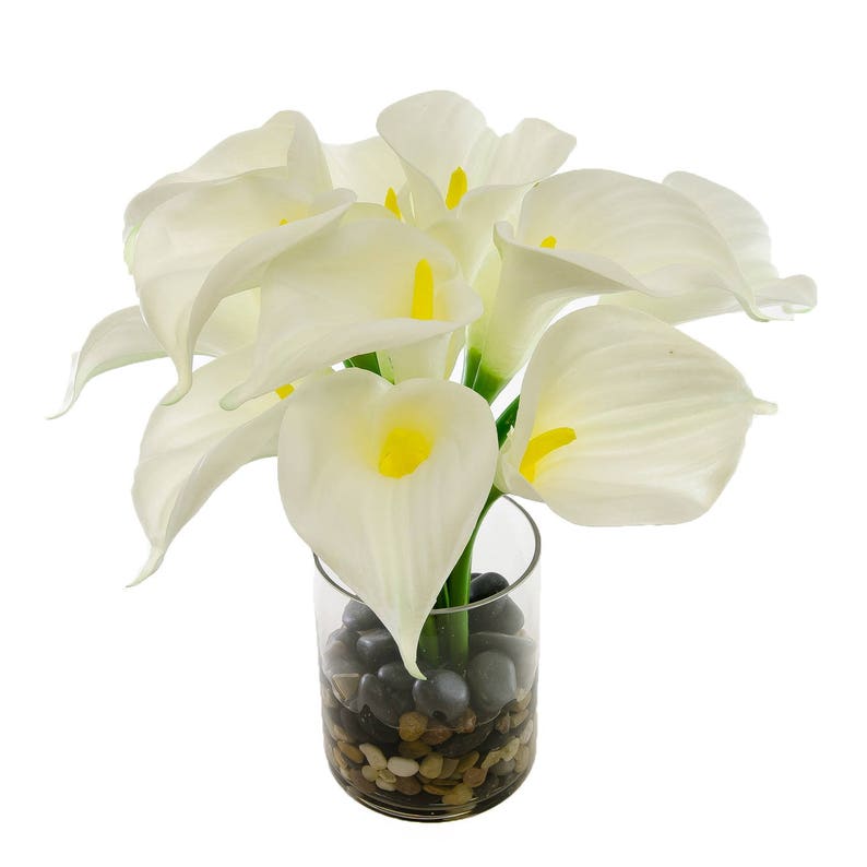 Large Real Touch White Calla Lilies Artificial Flowers Arrangement in Round Glass Vase for Artificial Faux Home Decor image 3
