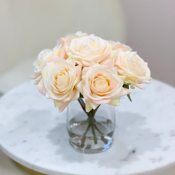 Real Touch Rose Silk Flower Arrangement-Champagne Rose Floral Arrangement-Silk Rose Arrangement-Real Touch Flower Arrangement Nightstand