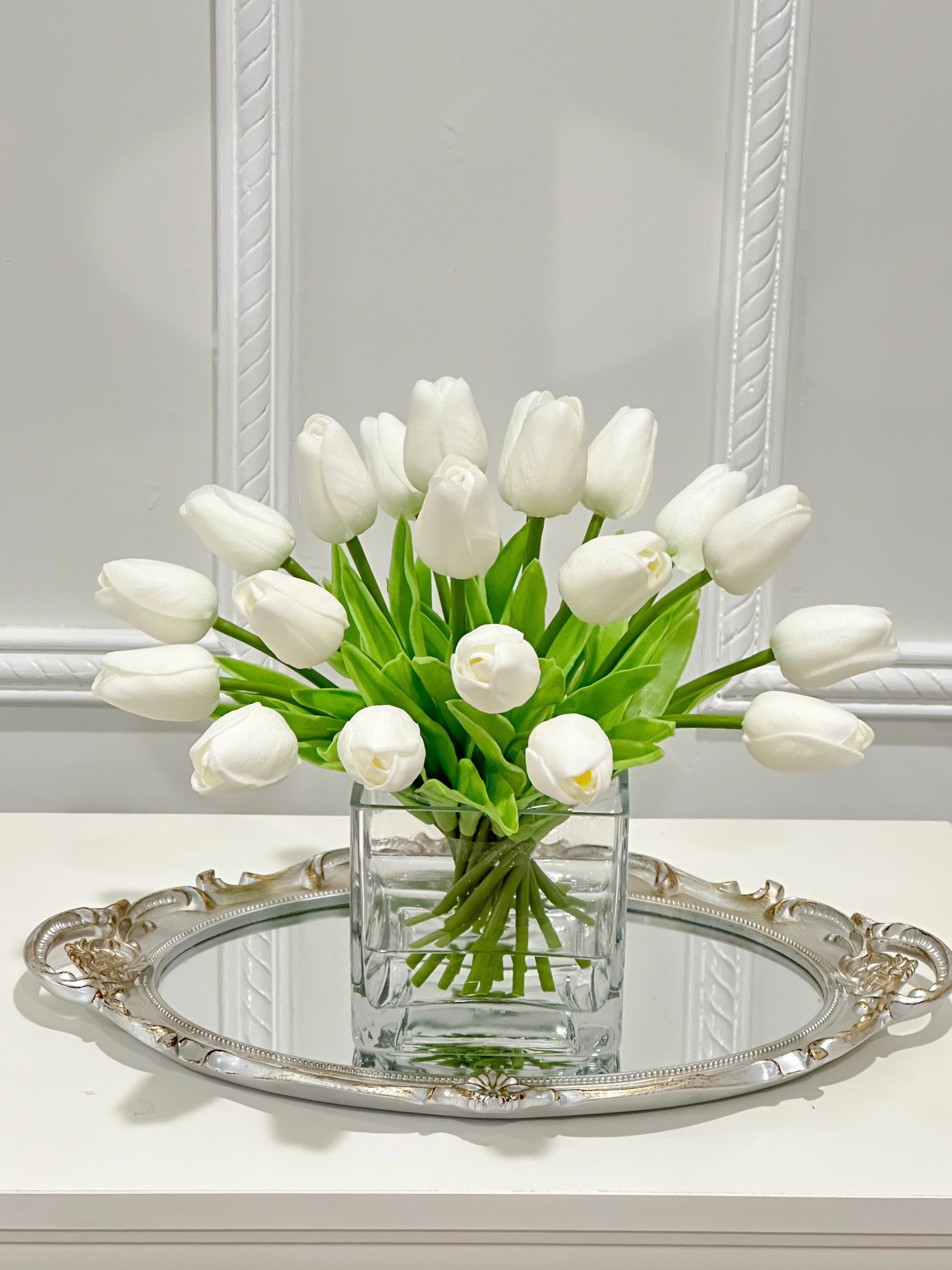 White Floral Tulip Pocket Vasea Clips with Green Leaves and Gold Detail Tulippa Porcelain Flowers and Champagne Gold Leaves Hair Pin main image 3