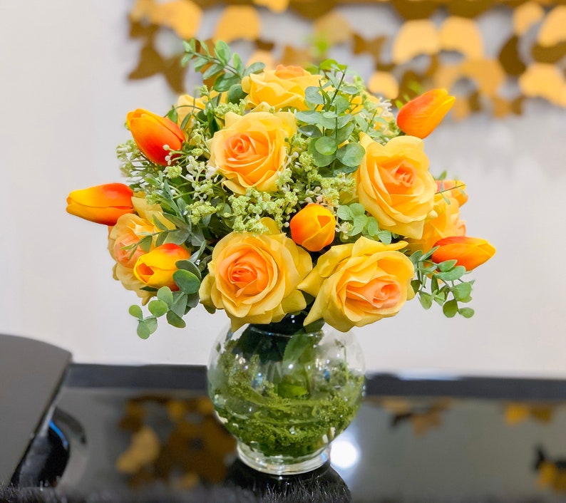 Real Touch Yellow Roses Centerpiece Real Touch Orange Tulips Etsy