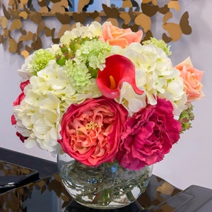 Hydrangea Centerpiece-Rose Centerpiece-Real Touch Arrangement-Real Touch Centerpiece-Centerpiece for Dining Table-Floral Arrangement in Vase